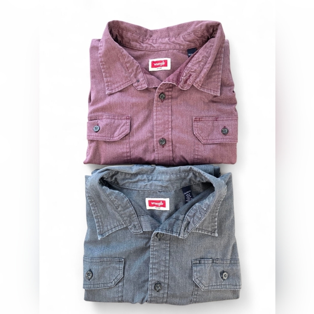 Lot of 2 Wrangler Long Sleeve Shirts – 2XL Gray & Burgundy – Casual Western Work
